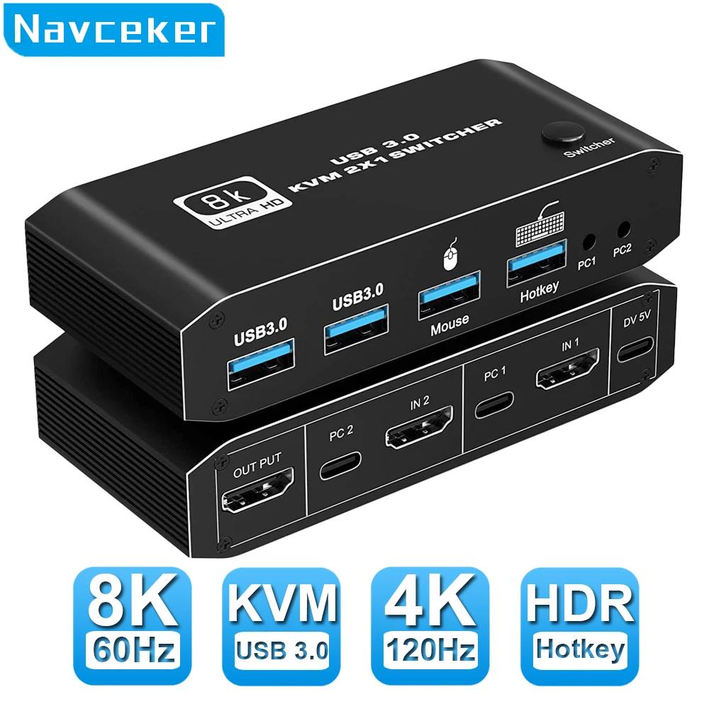 Navceker 8K KVM ġ, HDMI ȣȯ, 4K 120Hz, 2 Ʈ, HD KVM ó ڽ, USB   Ű  콺  PC